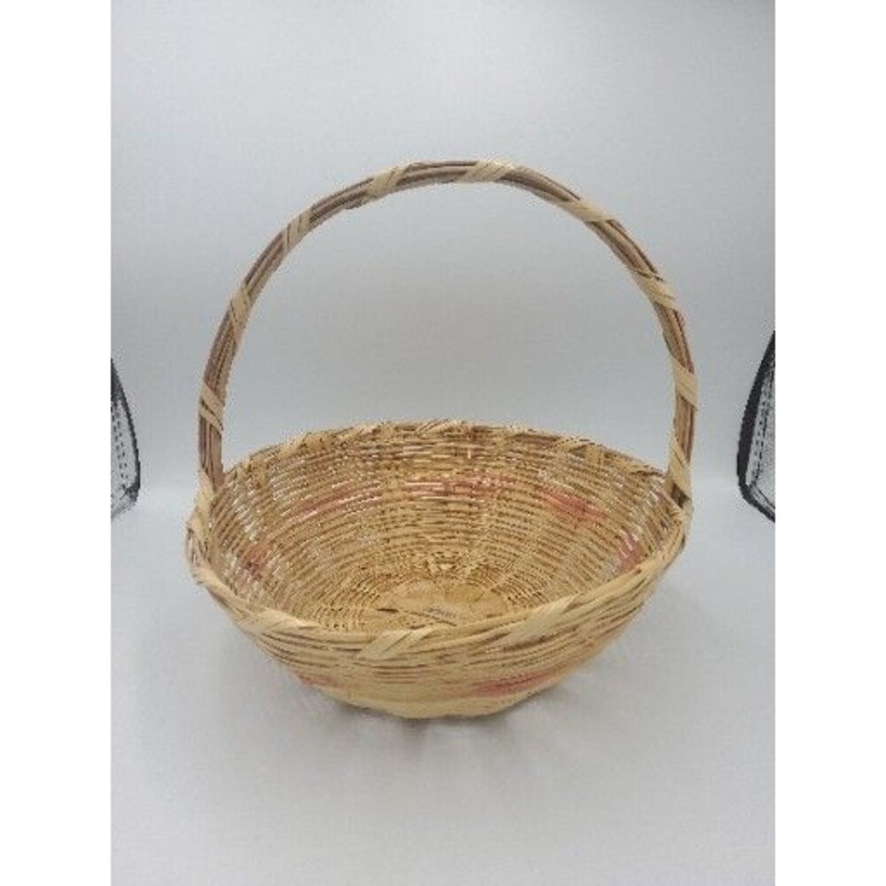 Vintage Woven Easter Basket Pink Bands Handle Made in Mexico 12" Diameter